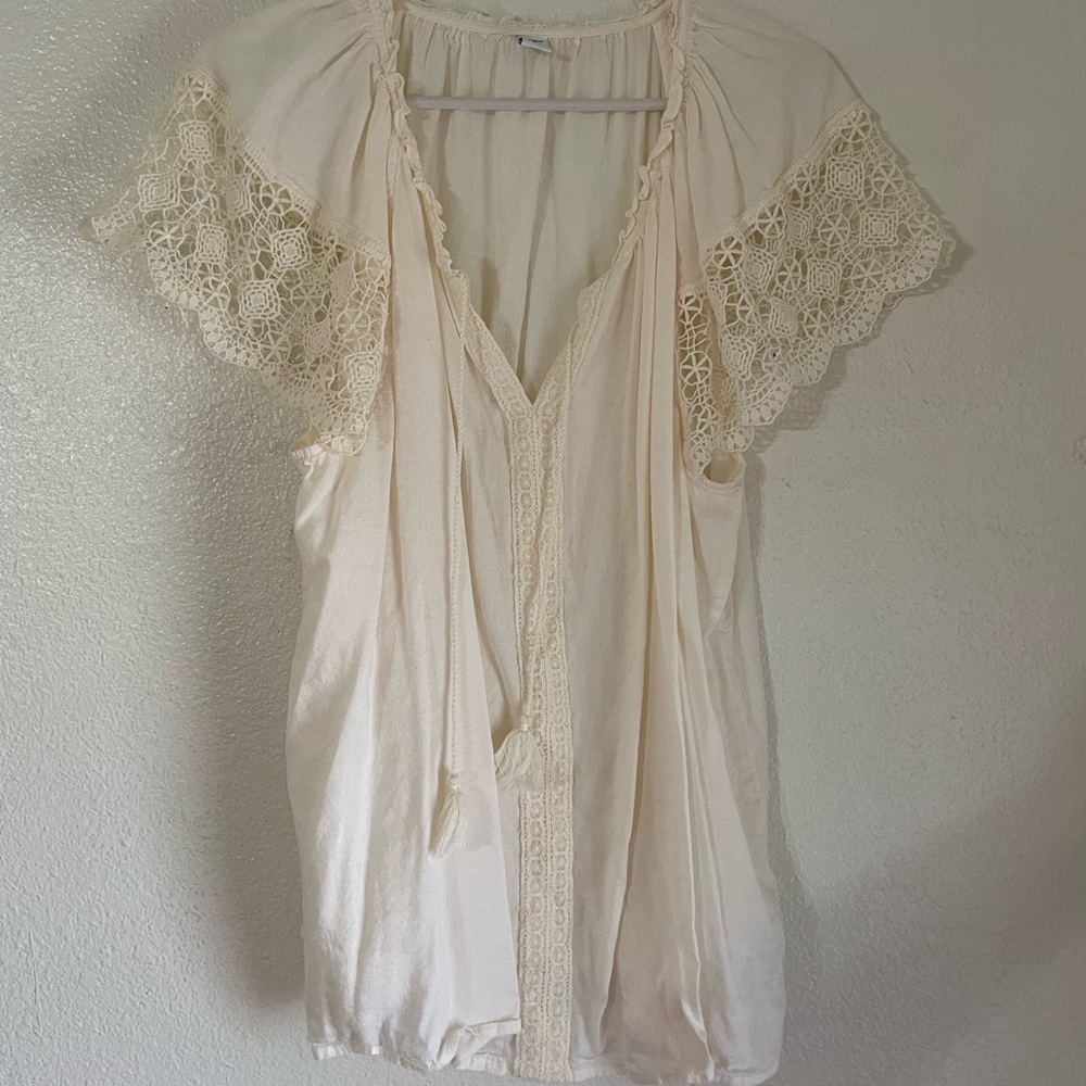 Relaxed Tie-Neck Crochet-Lace Sleeve Blouse for Women